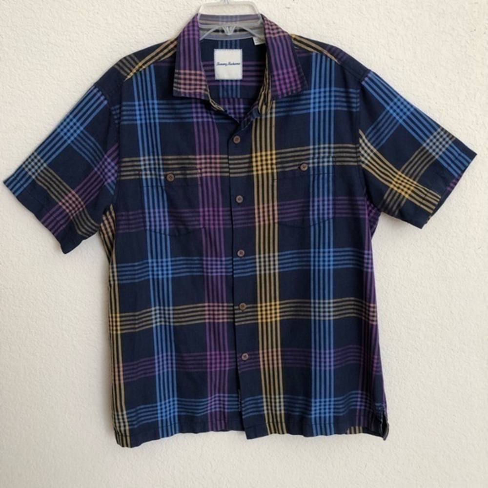Tommy Bahama  Short Sleeve Plaid Silk Blend Short Sleeve Shirt Large